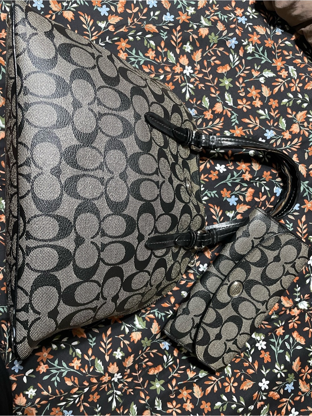 Coach Black and Gray Signature Tote with Matching Wristlet